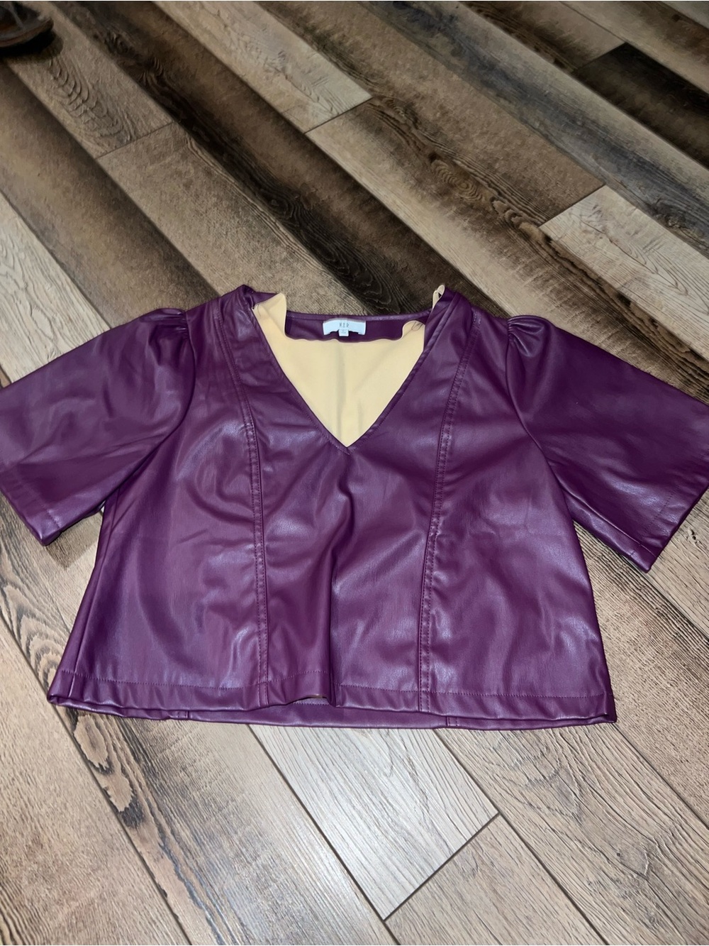 NSR Plum Faux Leather V-Neck Top